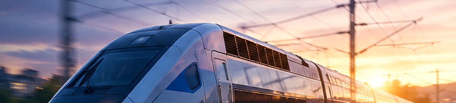 Train à grande vitesse circulant au coucher du soleil